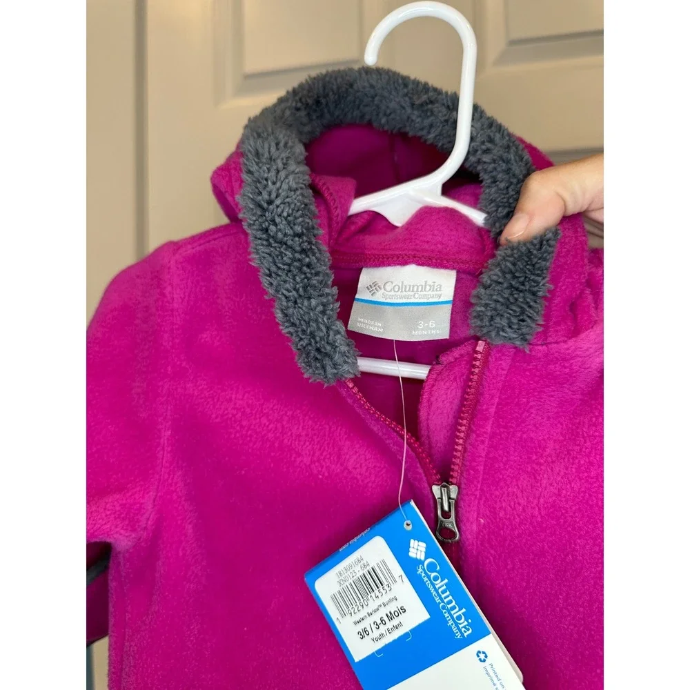 Columbia Baby Fleece Snowsuit Pram‎ Suit Hooded Bear Ears Pink Sizs 3-6 Months